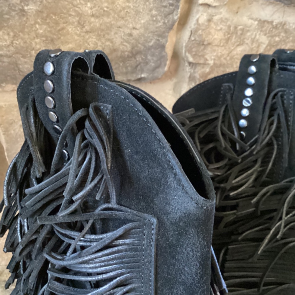 Steve Madden Landmark Boots Women 10 Black Suede Fringe Italy NIB Western - Picture 3 of 8